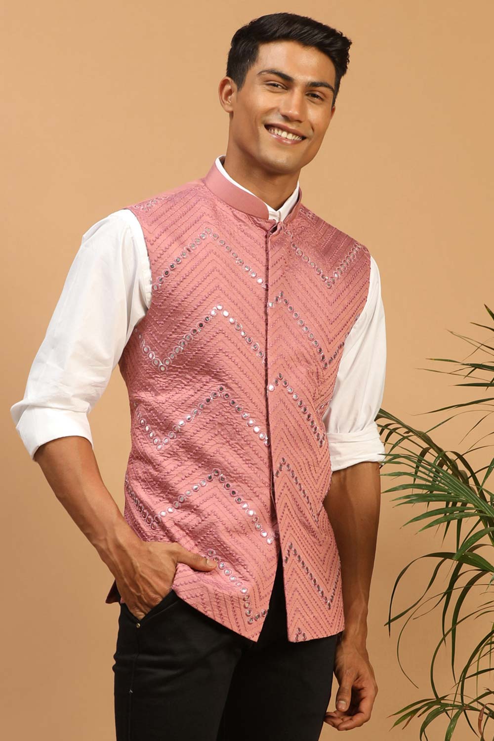 Buy Men's Onion Mirror Work Nehru Jacket Online KARMAPLACE