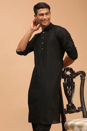 Buy Men's Black Viscose Solid Long Kurta Online - Back