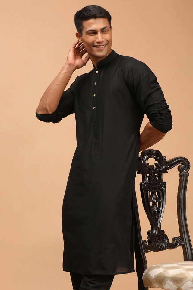 Buy Men's Black Viscose Solid Long Kurta Online - Back