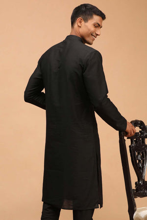 Buy Men's Black Viscose Solid Long Kurta Online - Front