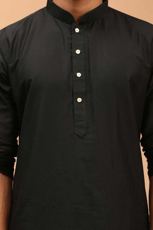 Buy Men's Black Viscose Solid Long Kurta Online - Side