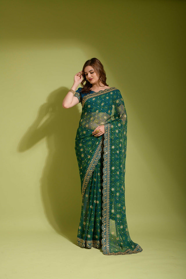 Dark Green Georgette Foil Saree (N2ZWHOLEFABVALLEYDARKGREEN)