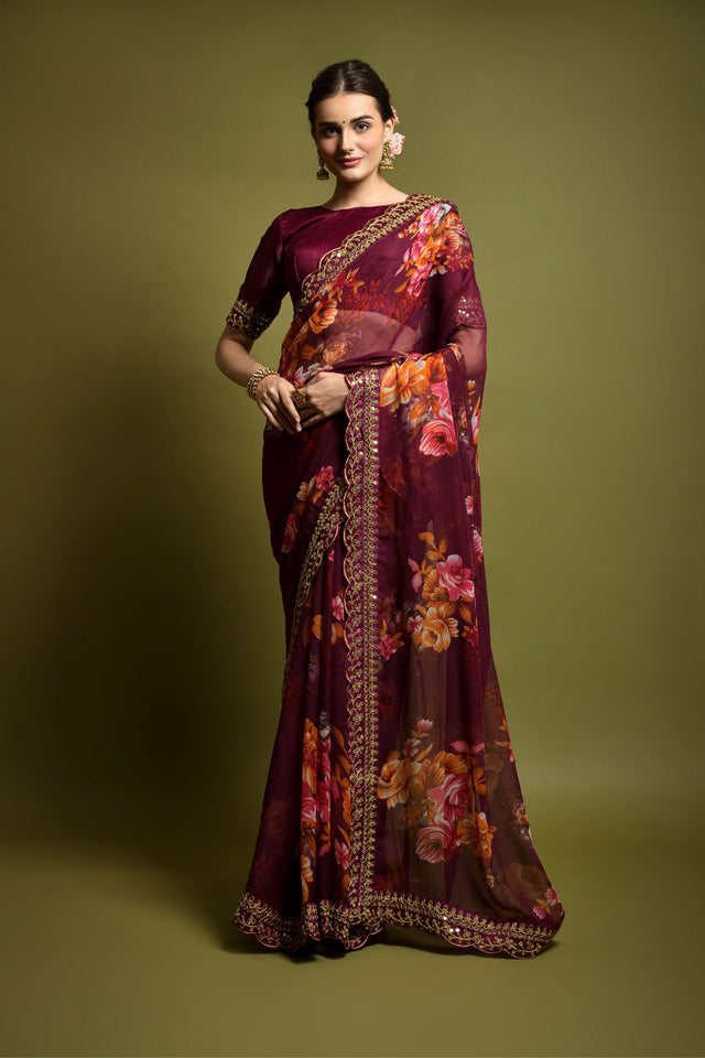 Wine Georgette Wine Saree (N2ZWOLEFABVALLET2018E)