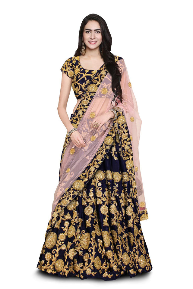 Velvet Embroidered Lehenga Choli In Navy Blue