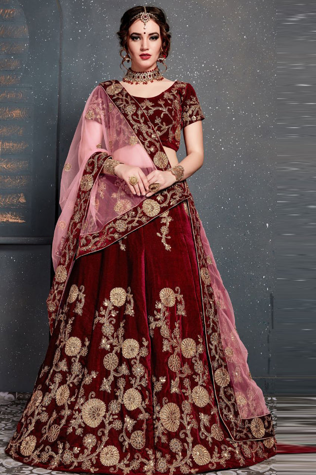 Velvet Embroidered Lehenga Choli In Maroon