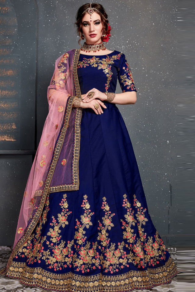 Satin Embroidered Lehenga Choli in Dark Blue