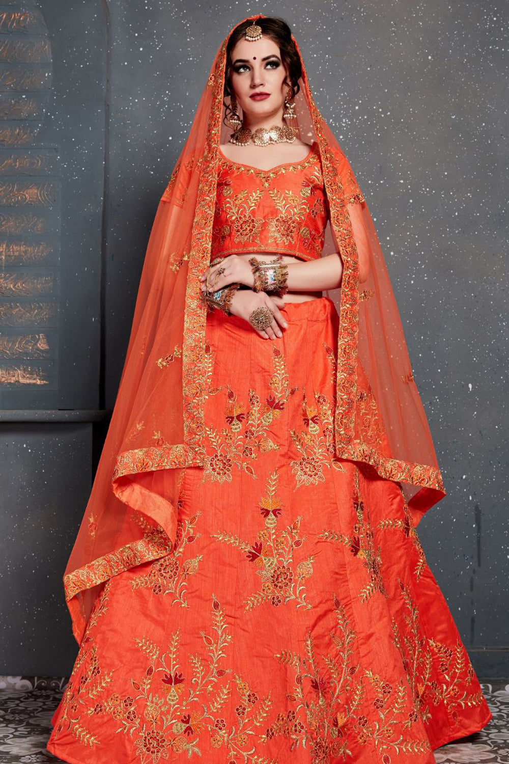 Art Silk Embroidered Lehenga Choli In Orange