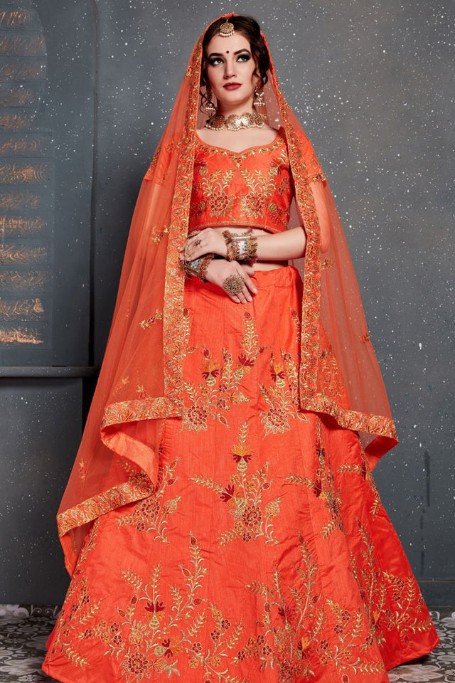 Art Silk Embroidered Lehenga Choli In Orange