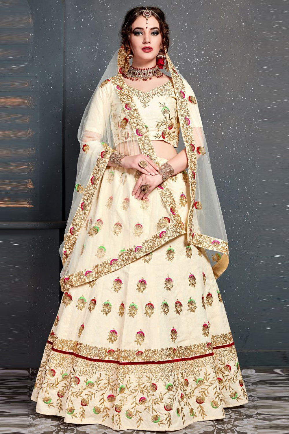 Art Silk Embroidered Lehenga Choli In Cream