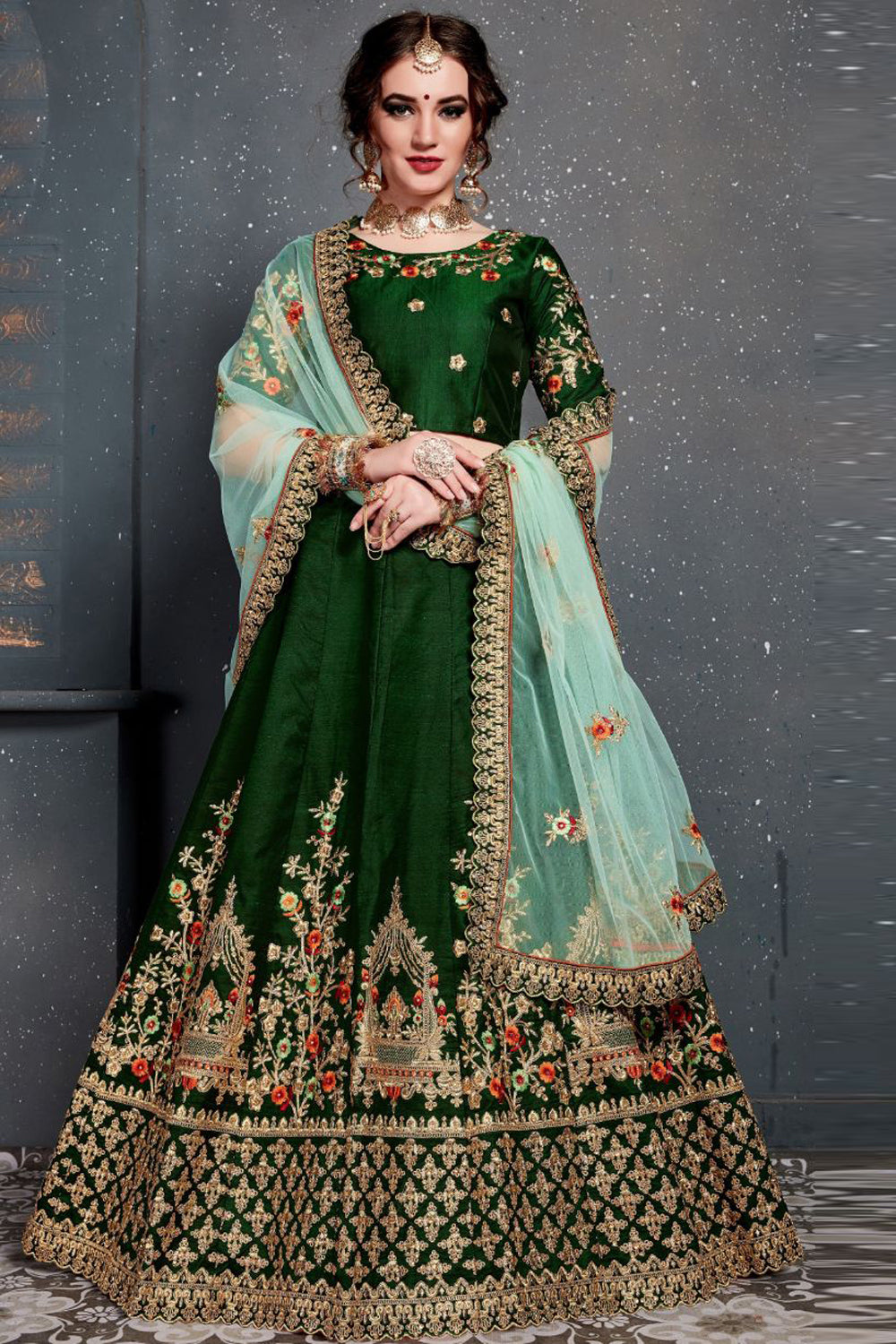 Satin Embroidered Lehenga Choli in Dark Green
