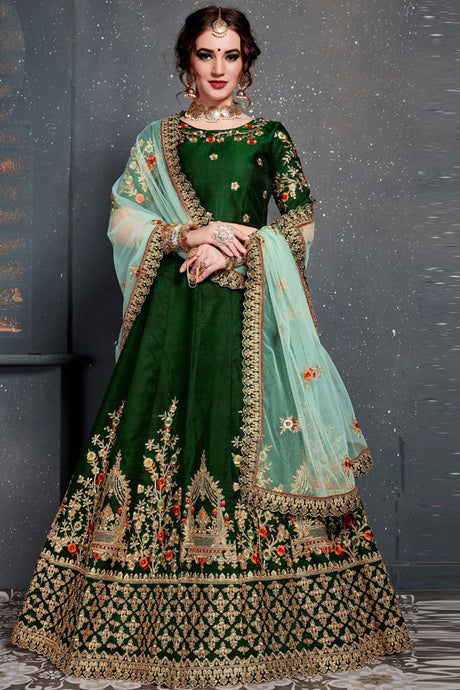 Satin Embroidered Lehenga Choli in Dark Green