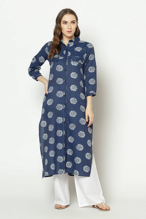 Buy Blended Cotton Stripes Kurti in Blue