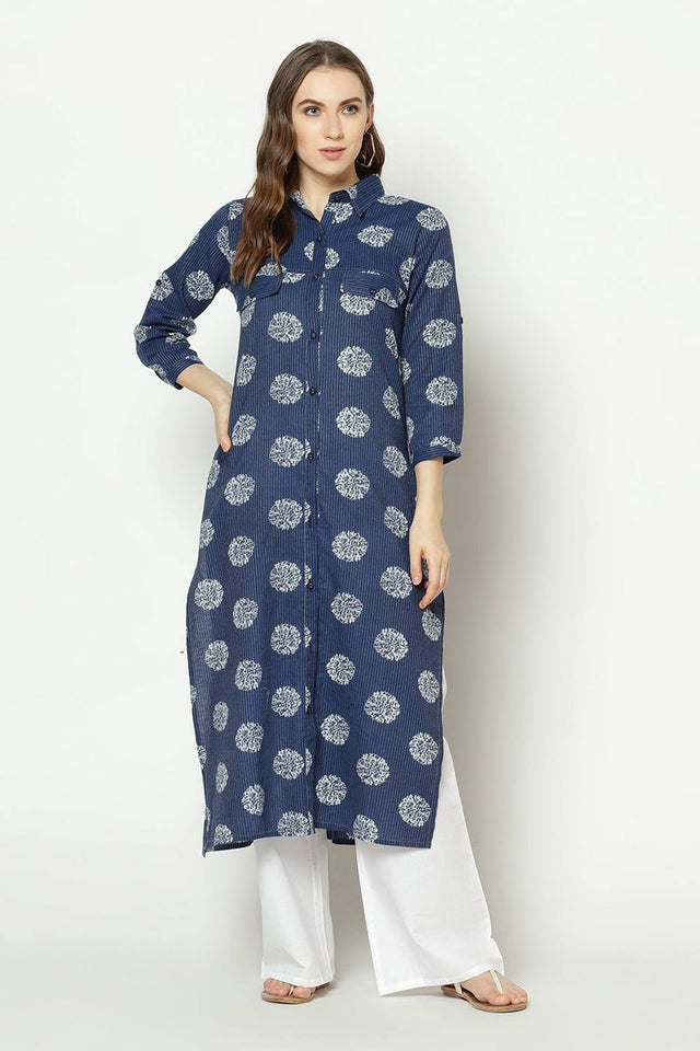 Buy Blended Cotton Stripes Kurti in Blue