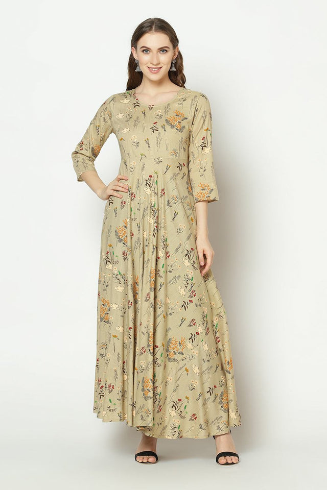 Buy Rayon Floral Dress in Beige