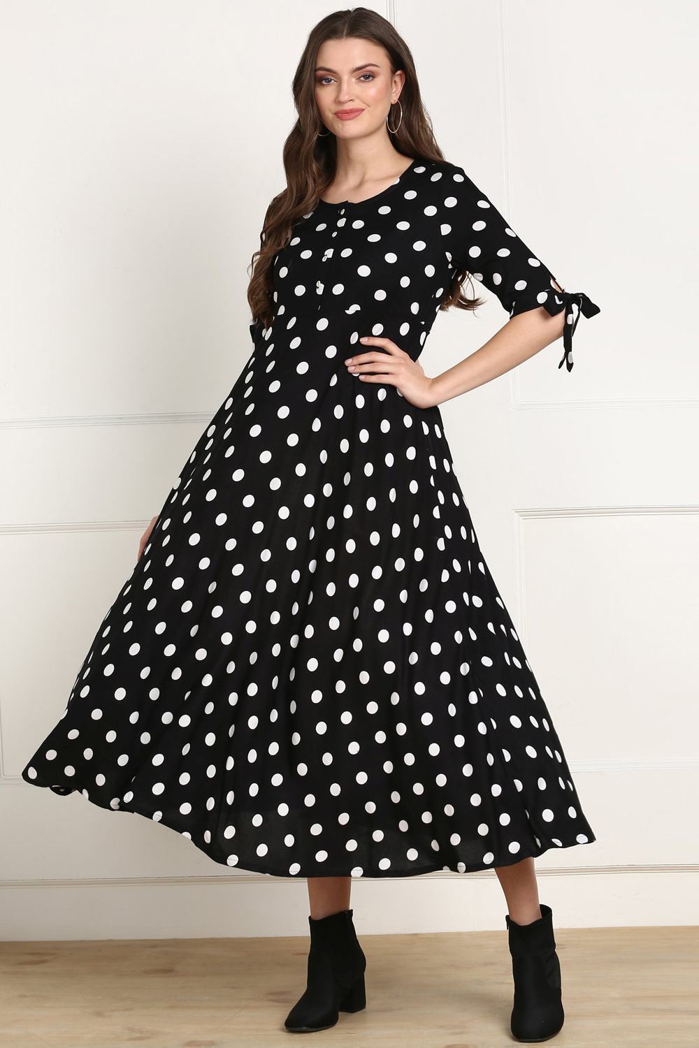 Midi Dresses Black Dress With Gold Dots Rayon Polka Dots Dress In Black, S Midi Dresses Black Dress With Gold Dots Rayon Polka Dots Dress In Black, S