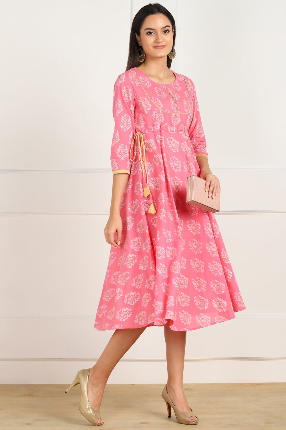 Blended Cotton Ikat Dress In Pink And Gold (ZNX2064), S
