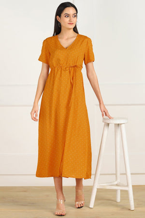 Buy Polyetser Polka Dots Dress in Yellow and White