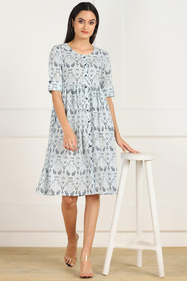 Buy Blended Cotton Kalamkari Dress in Blue