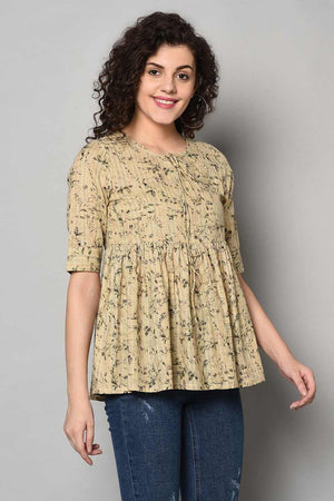Buy Blended Cotton Floral Top in Beige