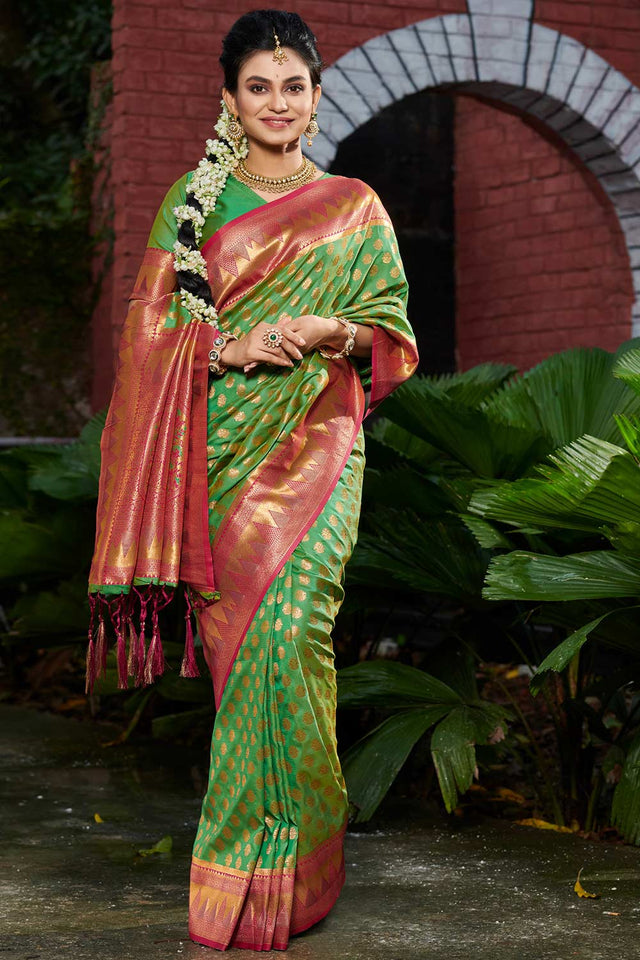 Green & Pink Banarasi Woven Saree