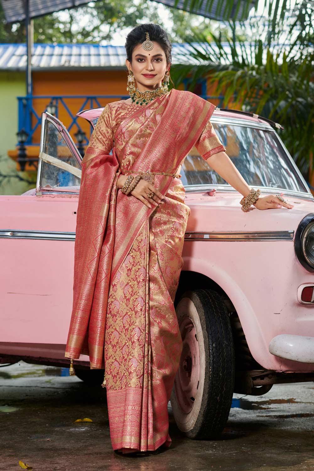 Pink Banarasi Woven Saree