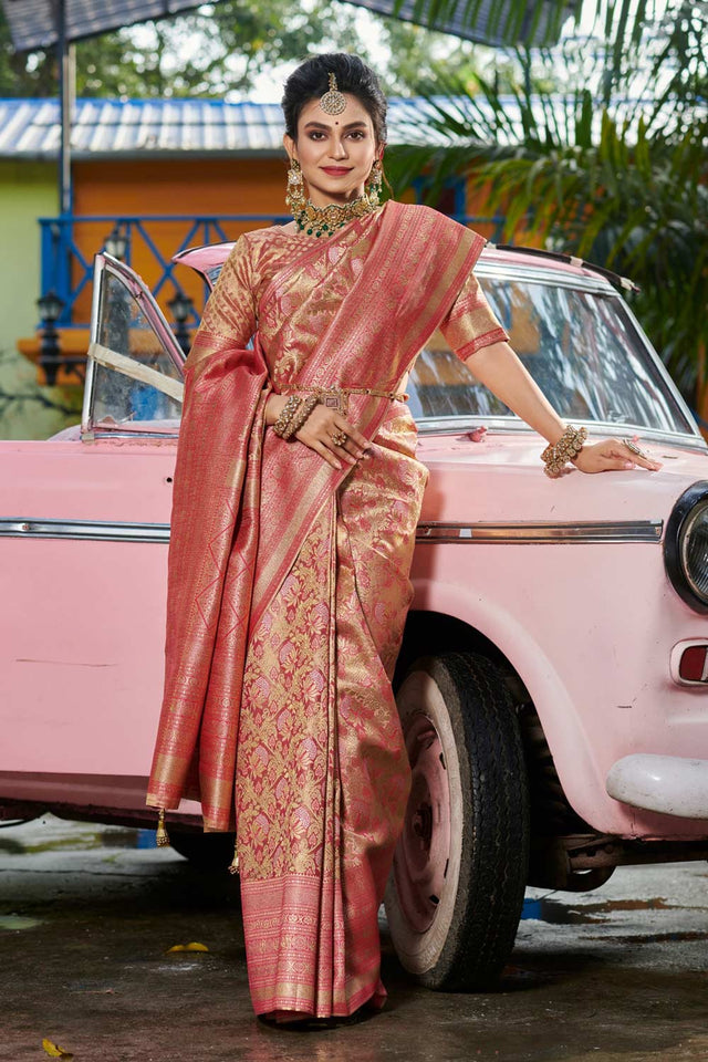 Pink Banarasi Woven Saree