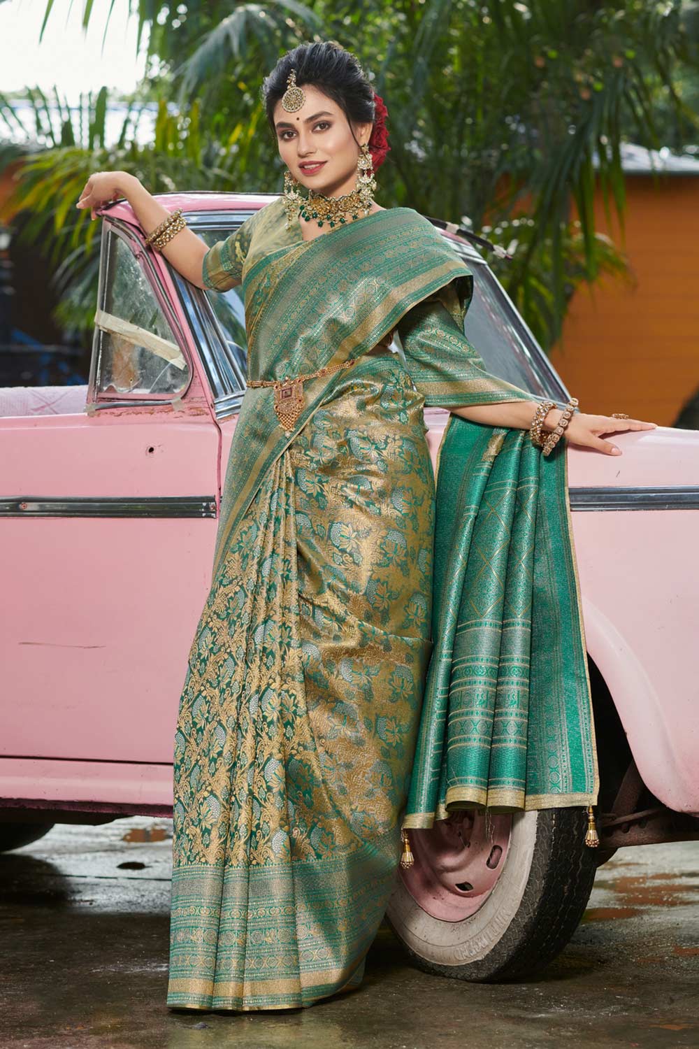 Dark Green Banarasi Woven Saree