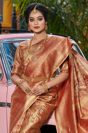 Orange Banarasi Woven Saree