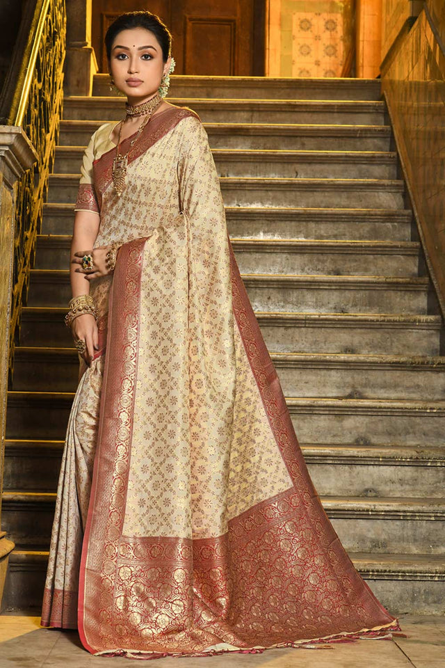 Off-White Banarasi Woven Saree