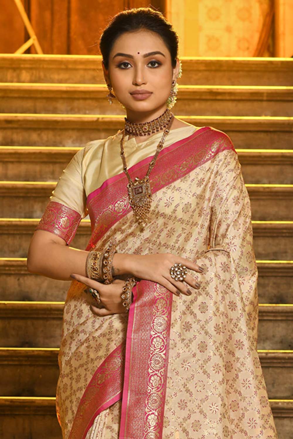 Off-White Banarasi Woven Saree