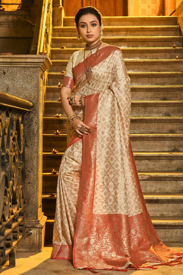 Off-White Banarasi Woven Saree