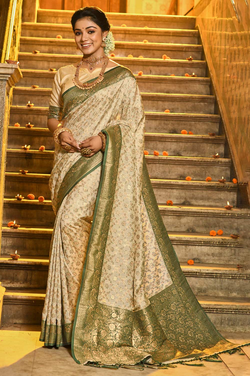 Off-White Banarasi Woven Saree