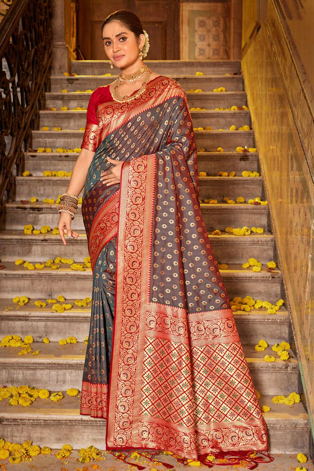 Grey Banarasi Woven Saree