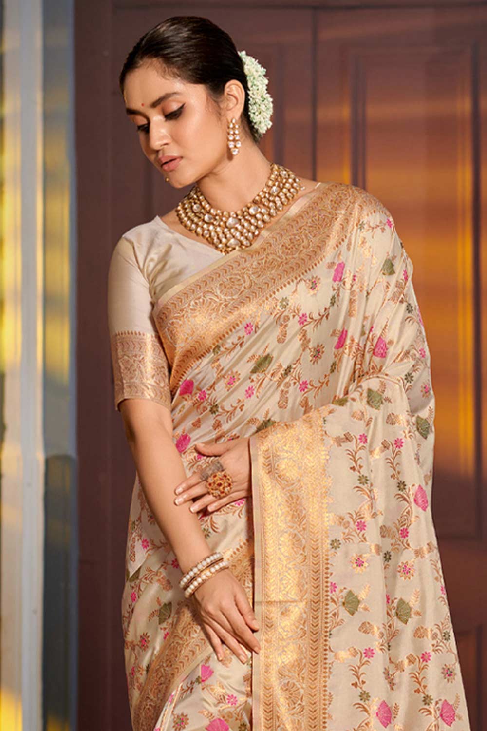 Off-White Banarasi Woven Saree