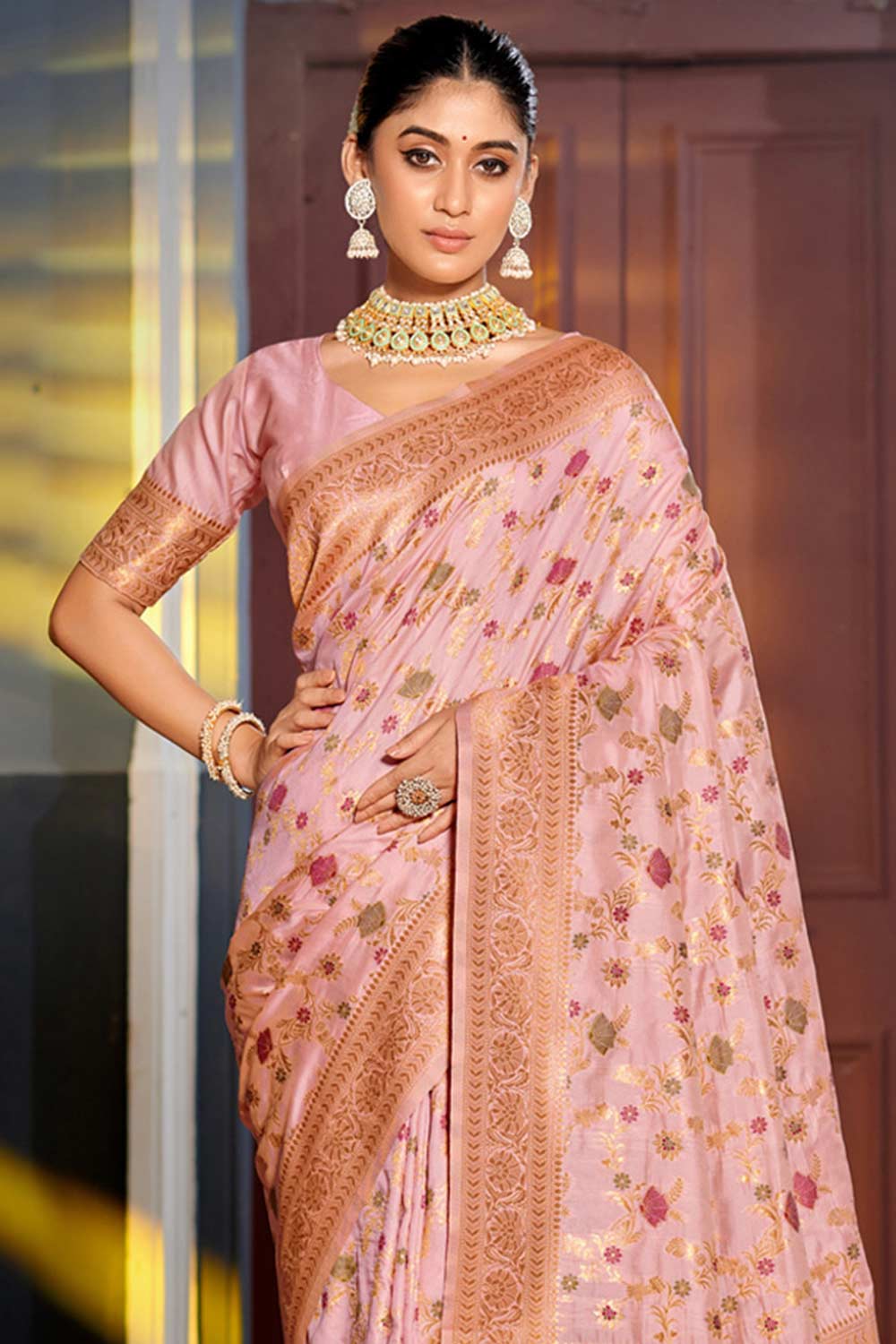 Pink Banarasi Woven Saree