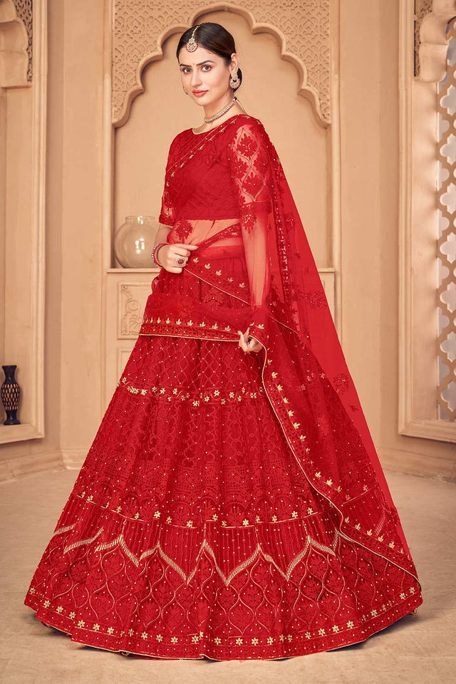 Red Net Embroidered Lehenga Choli